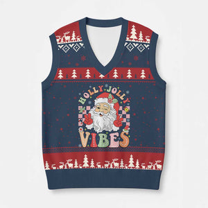 Retro Santa Xmas V-Neck Knit Sweater Vest Groovy Cute Santa Claus Xmas Vibes Xmas TS02 Navy Red Print Your Wear