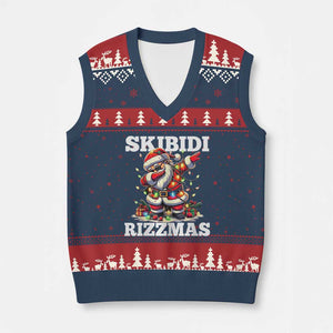 Funny Dabbing Santa Rizz Xmas V-Neck Knit Sweater Vest Skibidi Rizzmas Xmas Lights TS02 Navy Red Print Your Wear