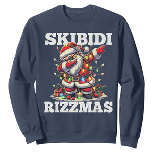 Funny Dabbing Santa Rizz Christmas Sweatshirt Skibidi Rizzmas Xmas Lights TS02 Navy Print Your Wear