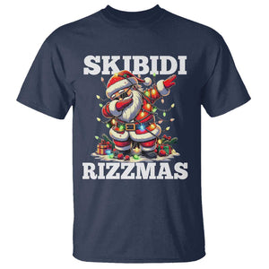 Funny Dabbing Santa Rizz Christmas T Shirt Skibidi Rizzmas Xmas Lights TS02 Navy Print Your Wear