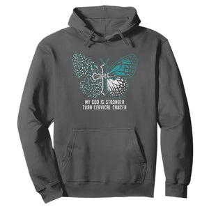 Cervical Cancer Warrior Hoodie My God is Stronger Teal And White Butterfly Christian Cross Faith TS02 Dark Heather Print Your Wear