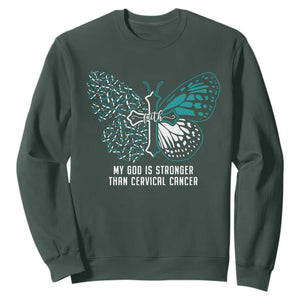 Cervical Cancer Warrior Sweatshirt My God is Stronger Teal And White Butterfly Christian Cross Faith TS02 Dark Forest Green Print Your Wear