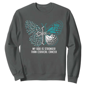 Cervical Cancer Warrior Sweatshirt My God is Stronger Teal And White Butterfly Christian Cross Faith TS02 Dark Heather Print Your Wear