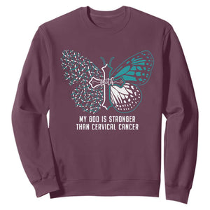 Cervical Cancer Warrior Sweatshirt My God is Stronger Teal And White Butterfly Christian Cross Faith TS02 Maroon Print Your Wear