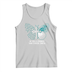 Cervical Cancer Warrior Tank Top My God is Stronger Teal And White Butterfly Christian Cross Faith TS02 Ash Print Your Wear