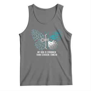 Cervical Cancer Warrior Tank Top My God is Stronger Teal And White Butterfly Christian Cross Faith TS02 Black Heather Print Your Wear
