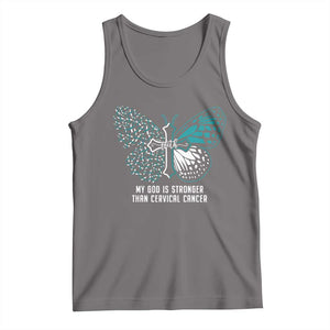 Cervical Cancer Warrior Tank Top My God is Stronger Teal And White Butterfly Christian Cross Faith TS02 Deep Heather Print Your Wear