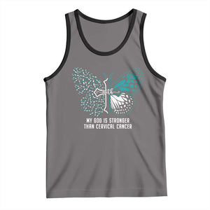 Cervical Cancer Warrior Tank Top My God is Stronger Teal And White Butterfly Christian Cross Faith TS02 Deep Heather Black Print Your Wear