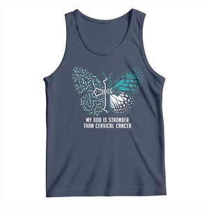 Cervical Cancer Warrior Tank Top My God is Stronger Teal And White Butterfly Christian Cross Faith TS02 Navy Print Your Wear