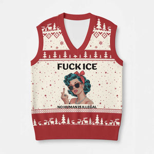 F Ice No Human Is Illegal V-Neck Knit Sweater Vest Feminist Pop Art Against Ice Protest Resistance TS02 Beige Red Print Your Wear