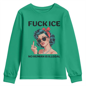 F Ice No Human Is Illegal Youth Sweatshirt Feminist Pop Art Against Ice Protest Resistance TS02 Irish Green Print Your Wear