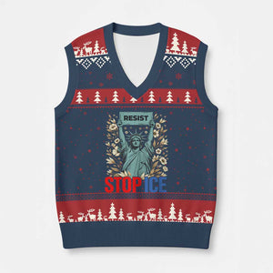 Statue of Liberty Resist Stop Ice V-Neck Knit Sweater Vest Floral Activist for Justice and Freedom TS02 Navy Red Print Your Wear