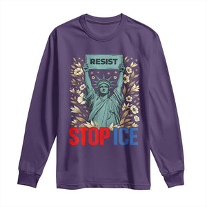 Statue of Liberty Resist Stop Ice Long Sleeve Shirt Floral Activist for Justice and Freedom TS02 Purple Print Your Wear