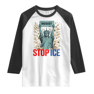 Statue of Liberty Resist Stop Ice Raglan Shirt Floral Activist for Justice and Freedom TS02 White Black Print Your Wear