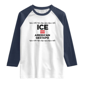 Ice Equals American Gestapo Raglan Shirt Barbed Wire Protest Political Resistance TS02 White Navy Print Your Wear