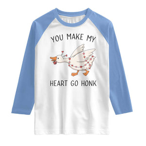 Funny Valentine Goose Raglan Shirt You Make My Heart Go Honk Cute Romantic Gift TS02 White Carolina Blue Print Your Wear