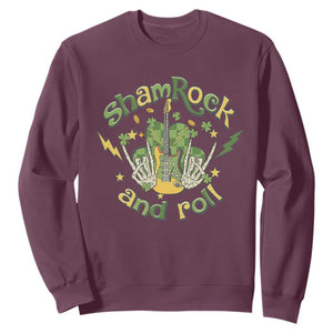 Funny St. Patricks Day Sweatshirt Shamrock 'N Roll Irish Music Rocking Skeleton Hand with Guitar TS02 Maroon Printyourwear