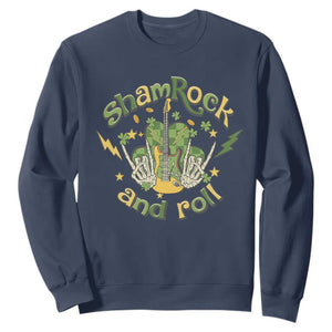 Funny St. Patricks Day Sweatshirt Shamrock 'N Roll Irish Music Rocking Skeleton Hand with Guitar TS02 Navy Printyourwear