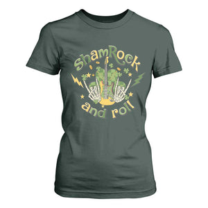 Funny St Patricks Day T Shirt For Women Shamrock 'N Roll Irish Music Rocking Skeleton Hand with Guitar TS02 Dark Forest Green Print Your Wear