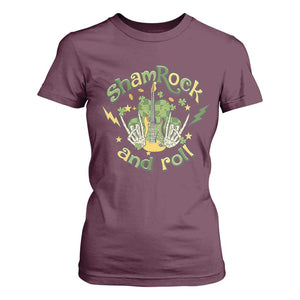 Funny St Patricks Day T Shirt For Women Shamrock 'N Roll Irish Music Rocking Skeleton Hand with Guitar TS02 Maroon Print Your Wear