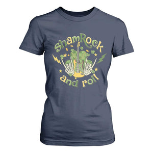 Funny St Patricks Day T Shirt For Women Shamrock 'N Roll Irish Music Rocking Skeleton Hand with Guitar TS02 Navy Print Your Wear