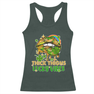 Funny St Patricks Day Women Racerback Tank Top Thick Thighs Lucky Vibes Leopard Biting Lips TS02 Dark Forest Green Print Your Wear