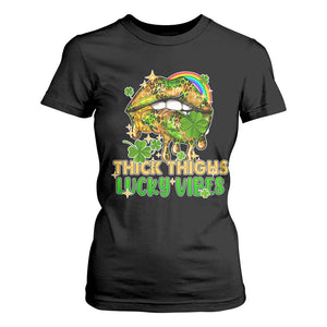 Funny St Patricks Day Women T Shirt For Women Thick Thighs Lucky Vibes Leopard Biting Lips TS02 Black Print Your Wear