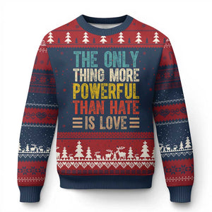 The Only Thing More Powerful Than Hate Is Love Ugly Christmas Sweater Bold Retro Typography Bunny Inspirational Quote TS02 Navy Red Print Your Wear