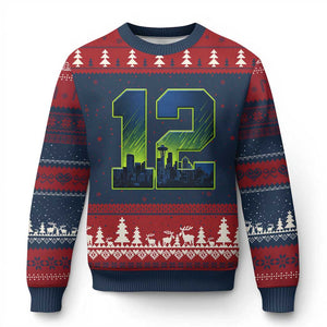 Seattle Skyline Number 12 Graphic Ugly Christmas Sweater Pacific Northwest Emerald City Sports Fan Pride