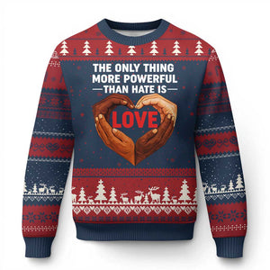 The Only Thing More Powerful Than Hate Is Love Ugly Christmas Sweater Heart in Hands Unity Bunny Inspirational Quote TS02 Navy Red Print Your Wear