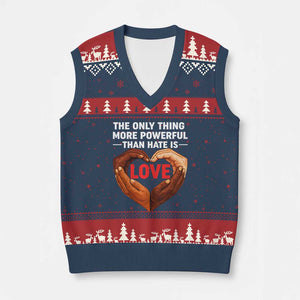 The Only Thing More Powerful Than Hate Is Love V-Neck Knit Sweater Vest Heart in Hands Unity Bunny Inspirational Quote TS02 Navy Red Print Your Wear