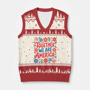Together We Are America Floral Patriotic V-Neck Knit Sweater Vest Retro Red White and Blue Bunny Inspirational Quote TS02 Beige Red Print Your Wear