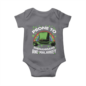 Funny St Patricks Day Baby Onesie Prone To Shenanigans And Malarkey Leprechaun Hat Rainbow TS02 Charcoal Print Your Wear