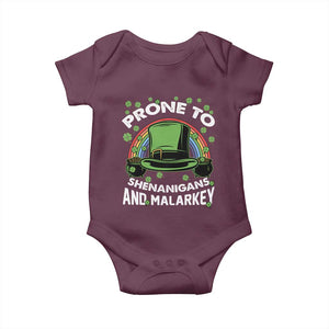 Funny St Patricks Day Baby Onesie Prone To Shenanigans And Malarkey Leprechaun Hat Rainbow TS02 Maroon Print Your Wear