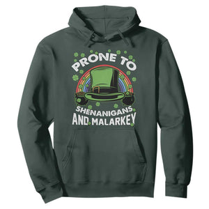 Funny St. Patricks Day Hoodie Prone To Shenanigans And Malarkey Leprechaun Hat Rainbow TS02 Dark Forest Green Printyourwear
