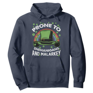 Funny St. Patricks Day Hoodie Prone To Shenanigans And Malarkey Leprechaun Hat Rainbow TS02 Navy Printyourwear