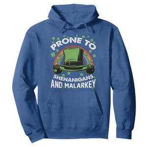 Funny St. Patricks Day Hoodie Prone To Shenanigans And Malarkey Leprechaun Hat Rainbow TS02 Royal Blue Printyourwear