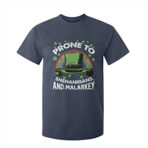 Funny St Patricks Day T Shirt For Kid Prone To Shenanigans And Malarkey Leprechaun Hat Rainbow TS02 Navy Print Your Wear