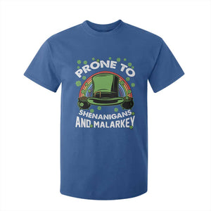 Funny St Patricks Day T Shirt For Kid Prone To Shenanigans And Malarkey Leprechaun Hat Rainbow TS02 Royal Blue Print Your Wear