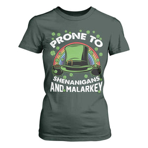 Funny St Patricks Day T Shirt For Women Prone To Shenanigans And Malarkey Leprechaun Hat Rainbow TS02 Dark Forest Green Print Your Wear