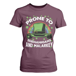Funny St Patricks Day T Shirt For Women Prone To Shenanigans And Malarkey Leprechaun Hat Rainbow TS02 Maroon Print Your Wear