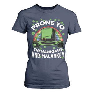 Funny St Patricks Day T Shirt For Women Prone To Shenanigans And Malarkey Leprechaun Hat Rainbow TS02 Navy Print Your Wear