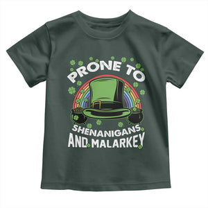 Funny St Patricks Day Toddler T Shirt Prone To Shenanigans And Malarkey Leprechaun Hat Rainbow TS02 Dark Forest Green Print Your Wear