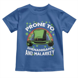 Funny St Patricks Day Toddler T Shirt Prone To Shenanigans And Malarkey Leprechaun Hat Rainbow TS02 Royal Blue Print Your Wear