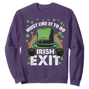 Funny St. Patricks Day Drinking Sweatshirt Most Likely To Do Irish Exit Leprechaun Hat Rainbow TS02 Purple Printyourwear