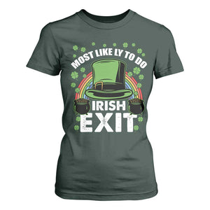 Funny St Patricks Day Drinking T Shirt For Women Most Likely To Do Irish Exit Leprechaun Hat Rainbow TS02 Dark Forest Green Print Your Wear