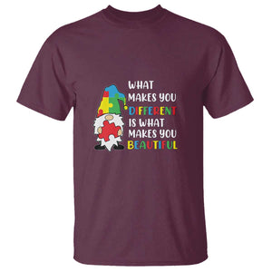Autism Gnome T Shirt What Makes You Different Makes You Beautiful Puzzle Piece TS02 Maroon Printyourwear