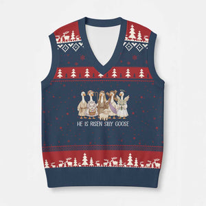 Funny Christian Easter He Is Risen Silly Goose V-Neck Knit Sweater Vest Cute Faith-Based Geese Parody Gift with Jesus TS02 Navy Red Print Your Wear