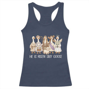 Funny Christian Easter He Is Risen Silly Goose Racerback Tank Top Cute Faith-Based Geese Parody Gift with Jesus TS02 Navy Print Your Wear
