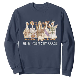 Funny Christian Easter He Is Risen Silly Goose Sweatshirt Cute Faith-Based Geese Parody Gift with Jesus TS02 Navy Print Your Wear